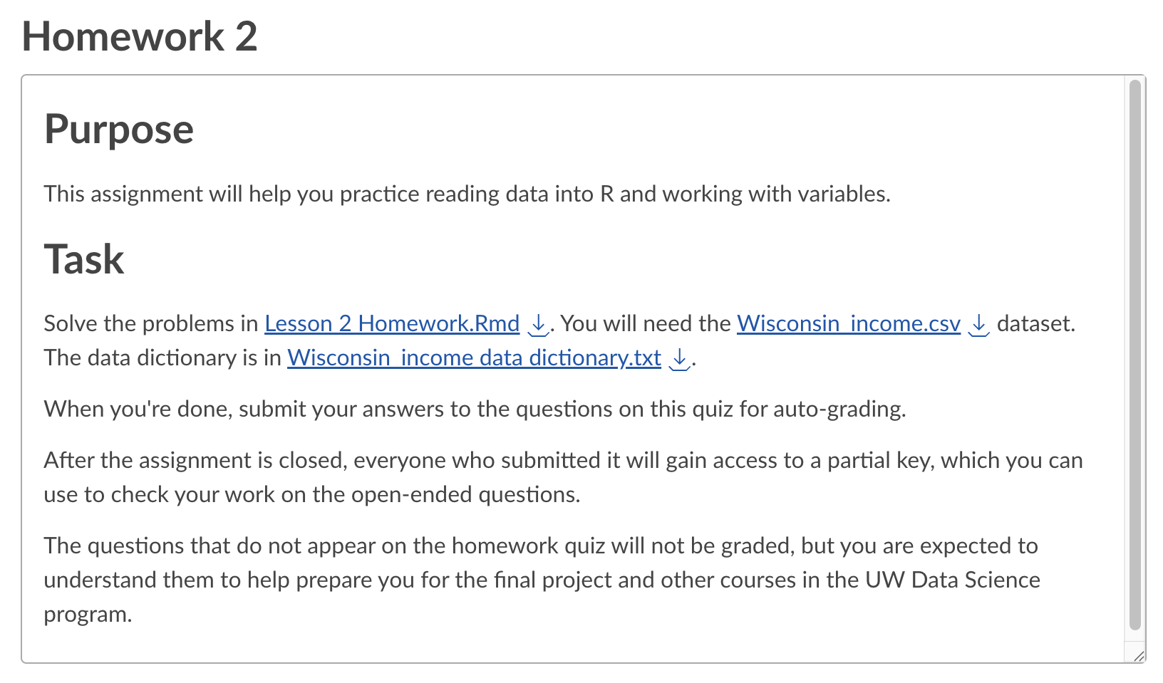 A screenshot from the DS701: Exploratory Data Analysis course that shows a homework assignment that helps with practicing reading data into R and working with variables. 